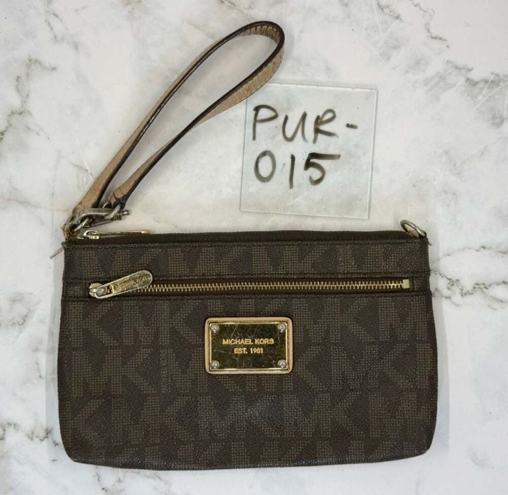 Michael Kors Brown Signature Monogram Zip Wristlet Wallet Gold Hardware